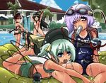  4girls animal_ears black_hair blue_eyes bow breasts cat_ears cat_tail eyes food goggles goggles_on_head green_eyes green_hair hair_bow hat heart heart_of_string kaenbyou_rin komeiji_koishi komeiji_satori large_breasts multiple_girls multiple_tails popsicle purple_eyes purple_hair red_eyes red_hair reiuji_utsuho sexually_suggestive short_hair siblings sisters slingshot_swimsuit small_breasts swimsuit tail tamuhi touhou 