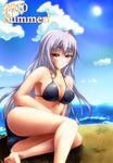  2010 barefoot bikini blush breasts cleavage feet frey front-tie_top large_breasts lyrical_nanoha mahou_shoujo_lyrical_nanoha mahou_shoujo_lyrical_nanoha_a's red_eyes reinforce silver_hair smile solo swimsuit 