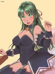  angel_mort bare_shoulders bow breasts covered_nipples green_eyes green_hair hair_bow half_updo higurashi_no_naku_koro_ni large_breasts long_hair navel sitting solo sonozaki_shion thighhighs zenkou 