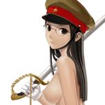  bad_id bad_pixiv_id bocorot breasts brown_eyes brown_hair glasses gloves guntou hat imperial_japanese_army long_hair looking_back medium_breasts military military_hat military_uniform nude original peaked_cap saber_(weapon) sideboob solo sword uniform weapon white_gloves 