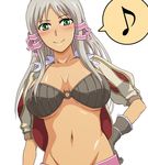  atelier_(series) atelier_totori belt bikini_top blush breasts gloves green_eyes hair_ribbon hand_on_hip kenji_t1710 large_breasts long_hair mervia_siebel musical_note o-ring o-ring_top open_clothes open_shirt ribbon shirt silver_hair simple_background smile solo tress_ribbon underboob 