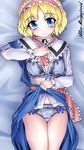  alice_margatroid bad_id bad_pixiv_id blonde_hair blue_bra blue_eyes blue_panties bow bow_bra bow_panties bra capelet dress dress_lift floral_print geppewi hairband lingerie lying on_back open_clothes open_dress panties short_hair smile solo touhou underwear 