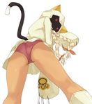  animal_ears animal_hood ass blazblue cat_ears cat_hood cat_tail claws dark_skin from_behind from_below gloves grin hood hoodie kneepits kuro_(be_ok) long_hair looking_at_viewer looking_back smile solo tail taokaka thighs white_background 