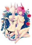  absurdres animal_ears ass bad_id bad_pixiv_id barefoot bikini bikini_top_removed bird_of_paradise breast_hold breasts cat_ears covering feet flower full_body hands hibiscus highres multiple_girls ochakai_shin'ya original pink_hair sitting swimsuit tail topless wariza 