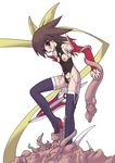  boots bow breasts brown_eyes brown_hair hair_bow leotard mahou_shoujo_ai nipples rin_(mahou_shoujo_ai) ruuen_rouga small_breasts solo tentacles thigh_boots thighhighs torn_clothes weapon 