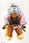  absurdres artbook ass_visible_through_thighs boots breasts covered_nipples dark_skin highres jewelry kneeling large_breasts looking_at_viewer necklace panties ponytail red_eyes rin-sin rita_(words_worth) scan skirt smile solo sword underwear weapon white_hair white_panties words_worth 