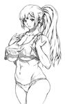  abs breasts copyright_request covered_nipples crop_top crop_top_overhang fingernails greyscale highres kei_(bekei) large_breasts long_hair monochrome muscle ponytail solo tank_top underboob underwear underwear_only 