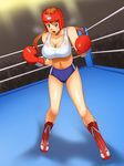  boots boxing boxing_gloves boxing_headgear boxing_ring breasts brown_eyes brown_hair buruma cleavage cross-laced_footwear highres kawanuma_uotsuri large_breasts midriff navel open_mouth original solo sports_bra sweat twintails 