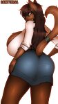  2022 anthro artist_name big_breasts big_butt bottomwear breasts brown_body brown_eyes brown_fur brown_hair butt canid canine clothing colored digital_media_(artwork) female fur hair hand_on_hip hi_res huge_breasts long_hair looking_at_viewer looking_back looking_back_at_viewer low-angle_view mammal monotone_background monotone_body monotone_fur monotone_hair portrait raised_tail saintversa shaded simple_background skirt solo three-quarter_portrait white_background wide_hips 