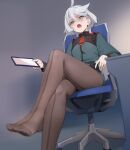  1girl ahoge asticassia_school_uniform asymmetrical_bangs bangs blurry blurry_foreground blush brown_pantyhose chair commentary_request crossed_legs desk dress epaulettes eyelashes feet foot_out_of_frame foreshortening green_dress grey_background grey_eyes grey_hair gundam gundam_suisei_no_majo hair_between_eyes highres holding leaning_back legs long_hair miorine_rembran no_shoes open_mouth pantyhose school_uniform short_dress sitting solo swept_bangs tablet_pc toes uniform yd_(orange_maru) 