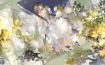  1girl blue_eyes brown_hair curtains dress dutch_angle earrings flower foliage holding jewelry knees_up kurusu_natsume light long_hair long_sleeves multicolored_hair nijisanji niwa_haruki on_chair red_hair rose sitting solo streaked_hair virtual_youtuber white_dress white_flower white_rose window 