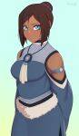  1girl avatar_(series) bare_shoulders blue_background blue_eyes blush breasts brown_hair closed_mouth commentary darahan dark-skinned_female dark_skin english_commentary hair_bun hair_ornament korra looking_at_viewer medium_hair signature simple_background solo standing the_legend_of_korra wide_sleeves 