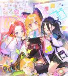  4girls animal_ears arisu_(blue_archive) atsumi_jun black_hair blonde_hair blue_archive cat_ear_headphones fake_animal_ears halo handheld_game_console headphones highres holding holding_handheld_game_console jacket midori_(blue_archive) momoi_(blue_archive) multiple_girls nintendo_switch playing_games red_hair school_uniform sleeping yuzu_(blue_archive) 