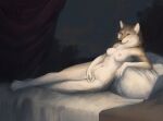  5_fingers absurd_res anthro bed bedding breasts canid canine canis casual_nudity covering covering_crotch female fingers furniture hi_res kingdragyn mammal neck_tuft nude painting_(artwork) small_breasts solo traditional_media_(artwork) tuft wolf 