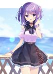  1girl black_skirt blue_sky blurry blurry_background bow breasts cloud collared_shirt commission day depth_of_field frilled_skirt frills hair_bow hand_up highres horizon multicolored_hair ocean original pink_bow pink_shirt puffy_short_sleeves puffy_sleeves purple_bow purple_eyes purple_hair shirai_tanuki shirt short_sleeves skeb_commission skirt sky sleeveless sleeveless_shirt small_breasts solo twitter_username two-tone_hair water wrist_cuffs 