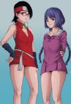  2girls armor arms_behind_back bare_legs black_eyes black_hair blue_hair boruto:_naruto_next_generations breasts cleavage dou dress glasses hand_on_hip highres holding_own_arm japanese_armor kakei_sumire light_smile lips looking_at_viewer low_twintails mana_(manasenshou) multiple_girls naruto_(series) open_mouth sailor_collar sailor_dress short_dress short_hair thighs twintails uchiha_sarada 