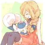  1girl ^_^ black_thighhighs blonde_hair blue_bow bow braid closed_eyes closed_mouth grey_shirt hair_bow high-waist_skirt katiko long_hair lowres meowstic meowstic_(female) on_lap petting pokemon pokemon_(creature) pokemon_(game) pokemon_on_lap pokemon_xy red_skirt serena_(pokemon) shirt single_braid sitting skirt sleeveless sleeveless_shirt smile thighhighs zettai_ryouiki 