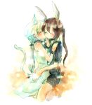  2girls alternate_costume alternate_hairstyle amiya_(arknights) animal_ear_fluff animal_ears arknights bangs blush brown_hair cat_ears cat_girl cat_tail closed_eyes closed_mouth dress hands_on_another&#039;s_hips highres hug kiss kissing_cheek long_hair multiple_girls muro ponytail rabbit_ears rabbit_girl rabbit_tail rosmontis_(arknights) short_sleeves shorts sitting sleeveless sleeveless_dress smile tail white_dress white_hair yuri 