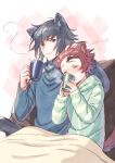  2boys ^_^ animal_ears ar_(rikuesuto) blanket blue_eyes blue_hair blue_shirt blue_sweater cat_boy cat_ears cat_tail closed_eyes cup drinking drinking_glass glass hair_between_eyes kamado_tanjirou kimetsu_no_yaiba long_hair long_sleeves male_focus multiple_boys red_hair shirt sweater tail tomioka_giyuu 