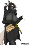  2022 absurd_res anthro artist_name big_breasts black_hair bottomwear breasts canid canine cigarette clothing coat colored digital_media_(artwork) female fur grey_body grey_fur grey_nose gun hair hi_res holding_cigarette holding_gun holding_object holding_weapon mammal monotone_background monotone_hair multicolored_body multicolored_fur portrait purple_eyes ranged_weapon saintversa scar shaded simple_background skirt solo sweater three-quarter_portrait topwear turtleneck two_tone_body two_tone_fur weapon white_background 