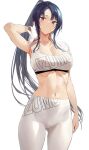  1girl absurdres arm_at_side arm_up armpits ass_visible_through_thighs bangs bare_arms black_hair blue_sky blurry blurry_background border breasts cleavage cloud collarbone commentary_request cowboy_shot high-waist_pants highres hiiragi_yuuichi holding holding_towel large_breasts linea_alba long_hair looking_at_viewer navel original pants parted_bangs parted_lips ponytail red_eyes sidelocks sky solo sports_bra sportswear stomach sweat text_print towel towel_around_neck white_background white_border white_pants white_sports_bra white_towel wiping yoga_pants 