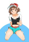  1girl bangs baseball_cap blush breasts brown_eyes brown_hair clothes_lift collarbone commentary_request elaine_(pokemon) full_body green_shorts hat lifted_by_self navel onnaski parted_lips pokemon pokemon_(game) pokemon_lgpe red_headwear shirt shirt_lift short_hair short_shorts short_sleeves shorts solo two-tone_background 