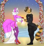  anthro beach big_breasts big_butt black_tie_(suit) blue_eyes bouquet bouquet_of_roses breasts brown_hair butt canid canine canis clothing cornelious_raidon digit_ring domestic_cat dress felid feline felis female flower fur garter_straps hair hatarla hi_res jewelry male male/female mammal nipple_outline nylons orange_body orange_fur pink_body pink_fur plant ring romantic romantic_couple rose_(flower) seaside suit sunset wedding wedding_dress wedding_ring white_body white_fur white_hair wolf yuni_hermit 