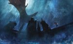  anato_finnstark blue_theme castle dragon flying game_of_thrones highres house_of_the_dragon outdoors rain spread_wings 