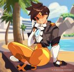  1girl arm_support beach bodysuit bomber_jacket breasts brown_eyes brown_hair chest_harness english_commentary full_body goggles harness indian_style jacket looking_at_viewer medium_breasts orange_bodysuit orange_goggles outdoors overwatch palm_tree short_hair sitting smile solo spiked_hair squeezable_(artist) tracer_(overwatch) tree 
