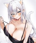  1girl animal_ears areola_slip bare_shoulders black_camisole blue_eyes blush breasts camisole cat_ears cat_girl cat_tail cleavage closed_mouth heart heart-shaped_pupils highres holding holding_hair large_breasts long_hair looking_at_viewer nipple_slip nipples norisukexxy original simple_background spaghetti_strap strap_pull symbol-shaped_pupils tail tail_raised upper_body very_long_hair white_background white_hair 