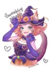  1girl :d artist_name bangs bewitching_neeko blonde_hair blush breasts character_name claws fangs green_eyes halloween hands_up hat heart highres league_of_legends lower_teeth medium_breasts medium_hair momikodayo neeko_(league_of_legends) open_mouth simple_background smile solo tail teeth white_background witch_hat 
