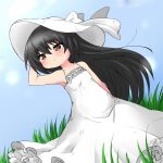  1girl artist_name bangs black_hair blue_sky brown_eyes closed_mouth commentary dress dutch_angle girls_und_panzer grass hand_on_headwear hat light_frown long_dress long_hair looking_to_the_side outdoors putipuni reizei_mako signature sky sleeveless sleeveless_dress solo spaghetti_strap standing sun_hat sundress white_dress white_headwear wind 