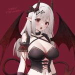  1girl :o alternate_costume arknights bangs bare_shoulders breasts bustier cleavage collarbone demon_girl demon_horns demon_tail demon_wings earrings fangs grey_hair hair_ornament happy_halloween highres horns jewelry large_breasts long_hair looking_at_viewer mudrock_(arknights) navel oemmnn open_mouth oripathy_lesion_(arknights) pointy_ears red_background red_eyes red_wings simple_background solo stomach tail upper_body wings 
