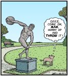  ambiguous_gender bench canid canine canis comic domestic_dog english_text feral humor mammal outside plant quadruped sculpture statue text tony_zuvela tree 