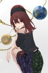  1girl absurdres black_headwear black_shirt chain closed_mouth earth_(ornament) feet_out_of_frame hair_between_eyes hecatia_lapislazuli highres looking_at_viewer moon_(ornament) multicolored_clothes multicolored_skirt off-shoulder_shirt off_shoulder palulap polos_crown red_eyes red_hair shirt short_hair short_sleeves skirt smile solo t-shirt touhou 