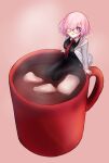  1girl black_dress coffee_mug collar cup dress drink fate/grand_order fate_(series) food glasses hair_over_one_eye harukappa highres hot_chocolate in_container in_cup in_food jacket light_purple_hair looking_at_viewer marshmallow mash_kyrielight minigirl mug necktie pantyhose purple_eyes purple_hair short_hair smile solo steam 