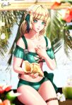  1girl bangs bare_shoulders bikini blonde_hair blunt_bangs collarbone commentary cowboy_shot esther_shen fire_emblem fire_emblem:_three_houses fire_emblem_heroes flower green_bikini green_eyes green_ribbon hair_flower hair_ornament hair_ribbon ingrid_brandl_galatea long_hair looking_at_viewer off-shoulder_bikini off_shoulder official_alternate_costume pink_lips revision ribbon sitting solo stomach swimsuit thigh_strap thighs very_long_hair white_flower 