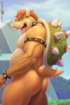  2022 2_horns anthro armband big_butt black_armband black_bracelet black_collar black_pupils blurred_background bowser bracelet butt chicobo claws collar cute_fangs detailed_background finger_claws green_body green_scales green_shell hair hi_res horn jewelry koopa looking_at_viewer male mario_bros muscular muscular_anthro muscular_male nintendo nipples nude open_mouth outside overweight overweight_anthro overweight_male pupils red_eyes red_hair scales scalie shell side_view smile solo spiked_armband spiked_bracelet spiked_collar spiked_shell spikes spikes_(anatomy) tan_body tan_nipples tan_scales thick_thighs veiny_muscles video_games white_body white_claws white_horn white_scales yellow_body yellow_scales 