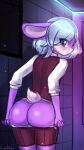  2022 anthro big_butt bottomwear bottomwear_down butt clothed clothing female fur hi_res lagomorph leporid looking_at_viewer looking_back looking_back_at_viewer lumineko mammal pants pants_down partially_clothed purple_body purple_fur rabbit solo 