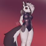  anthro canid canid_demon canine canis clothed clothing demon female fluffy fluffy_tail hair hair_over_eye halfbody hellhound helluva_boss hi_res latex lem loona_(helluva_boss) mammal one_eye_obstructed pose rubber rubber_clothing rubber_suit solo sweatshirt torn_clothing wolf 