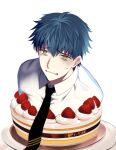  1boy bags_under_eyes black_necktie blue_hair cake eagret fate/grand_order fate_(series) food fruit highres male_focus necktie orange_eyes saitou_hajime_(fate) solo strawberry sweatdrop tray twitter_username upper_body wavy_mouth 