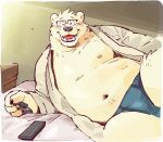  anthro bedding bulge eyewear garouzuki glasses inside ken_(garouzuki) looking_at_viewer male mammal moobs navel overweight overweight_male pawpads polar_bear smile smiling_at_viewer solo tv_remote ursid ursine 