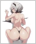  1girl \||/ aelion_draws all_fours ass bare_arms bare_back bare_shoulders black_bra black_panties blue_eyes border bra breasts closed_mouth english_commentary from_behind grey_hair highres large_breasts mole mole_under_mouth nier_(series) nier_automata panties patreon_username pointy_nose shadow short_hair sideboob signature simple_background solo string_panties thighs underwear white_background white_border yorha_no._2_type_b 