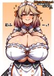  1girl absurdres ahoge apron bangs blonde_hair blush breasts brown_eyes closed_mouth collar commentary_request commission framed frills gradient gradient_background hair_between_eyes highres huge_breasts koohiitei_shinbo looking_at_viewer maid maid_apron maid_headdress medium_hair orange_background original simple_background skeb_commission smile solo standing straight-on translation_request 