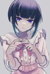  1girl bangs black_hair blunt_bangs center_frills expressionless frills heart heart_hands highres idolmaster idolmaster_cinderella_girls looking_at_viewer neck_ribbon purple_eyes ribbon shirayuki_chiyo short_hair solo upper_body yumi_san0112 