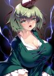  1girl absurdres black_headwear blush breasts cleavage collarbone cross-laced_clothes dress electricity fang green_dress green_eyes green_hair hair_between_eyes hat highres long_sleeves open_mouth sakurame short_hair soga_no_tojiko solo tate_eboshi touhou 