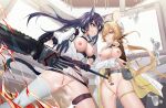  2girls :d animal_ear_fluff animal_ears arknights ass_visible_through_thighs bar_censor bare_shoulders belt belt_pouch black_gloves black_hair blaze_(arknights) blonde_hair blue_eyes blue_hair breasts breasts_out cat_ears cat_girl cat_tail censored chainsaw closed_mouth coat dorothy_(arknights) fire gloves grin hairband highres holding holding_weapon hongbaise_raw indoors jacket large_breasts long_hair long_sleeves medium_hair miniskirt mouse_ears multicolored_hair multiple_girls nipples no_bra no_panties open_clothes open_coat open_jacket orange_eyes parted_lips pouch pubic_tattoo pussy red_hairband see-through see-through_skirt single_thighhigh skirt smile spade_(shape) steaming_body tail tattoo thigh_strap thighhighs two-tone_hair v-shaped_eyebrows very_long_hair weapon white_coat white_headwear white_jacket white_thighhighs 