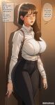  1girl absurdres bandage_on_neck bandaged_hand bandages black_pants breasts brown_eyes brown_hair collared_shirt dress_shirt english_text hair_over_shoulder highres large_breasts long_hair original pants robocap shirt shirt_tucked_in white_shirt 