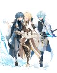  3boys absurdres aether_(genshin_impact) alternate_costume black_bodysuit blonde_hair blue_eyes blue_hair bodysuit buzheng61241 cape chinese_clothes chongyun_(genshin_impact) claymore_(sword) closed_eyes earrings food genshin_impact hair_between_eyes highres ice_cream jewelry long_hair long_sleeves male_focus multiple_boys open_mouth scarf short_hair single_earring smile tassel tassel_earrings weapon weapon_on_back xingqiu_(genshin_impact) yellow_eyes 