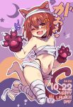  1girl animal_ear_fluff animal_ears animal_hands bandages barefoot blush brown_eyes brown_hair collarbone fang gloves hair_between_eyes halloween halloween_costume highres ikazuchi_(kancolle) kantai_collection navel one_eye_closed open_mouth paw_gloves short_hair skin_fang solo tail unagiman 